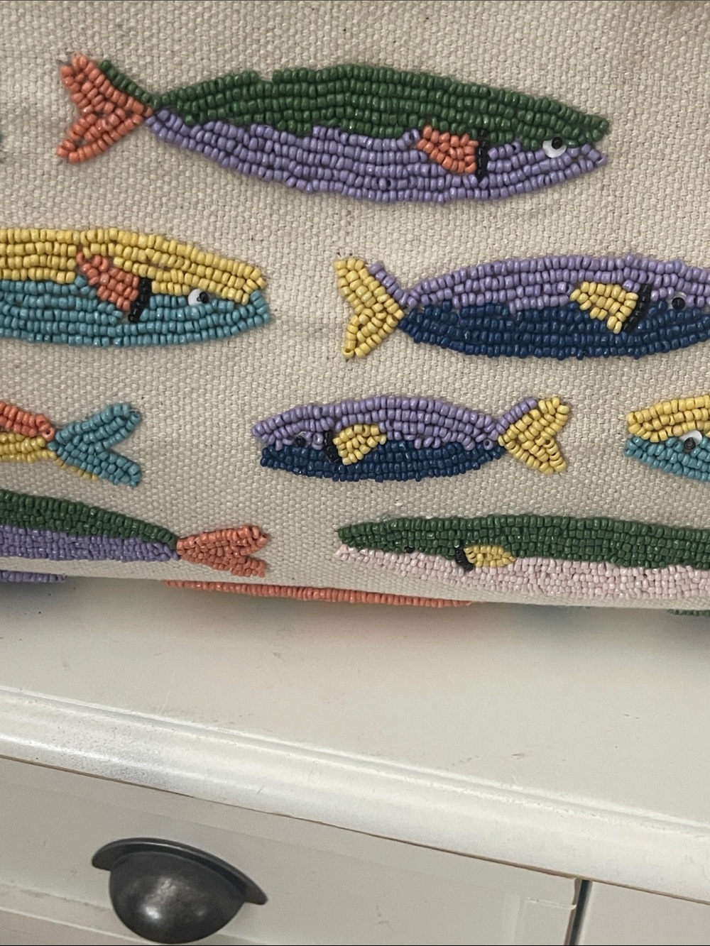 Sol Summer Cream Embroidered Fish Canvas Tote with Bamboo Handles - Picture 9 of 13